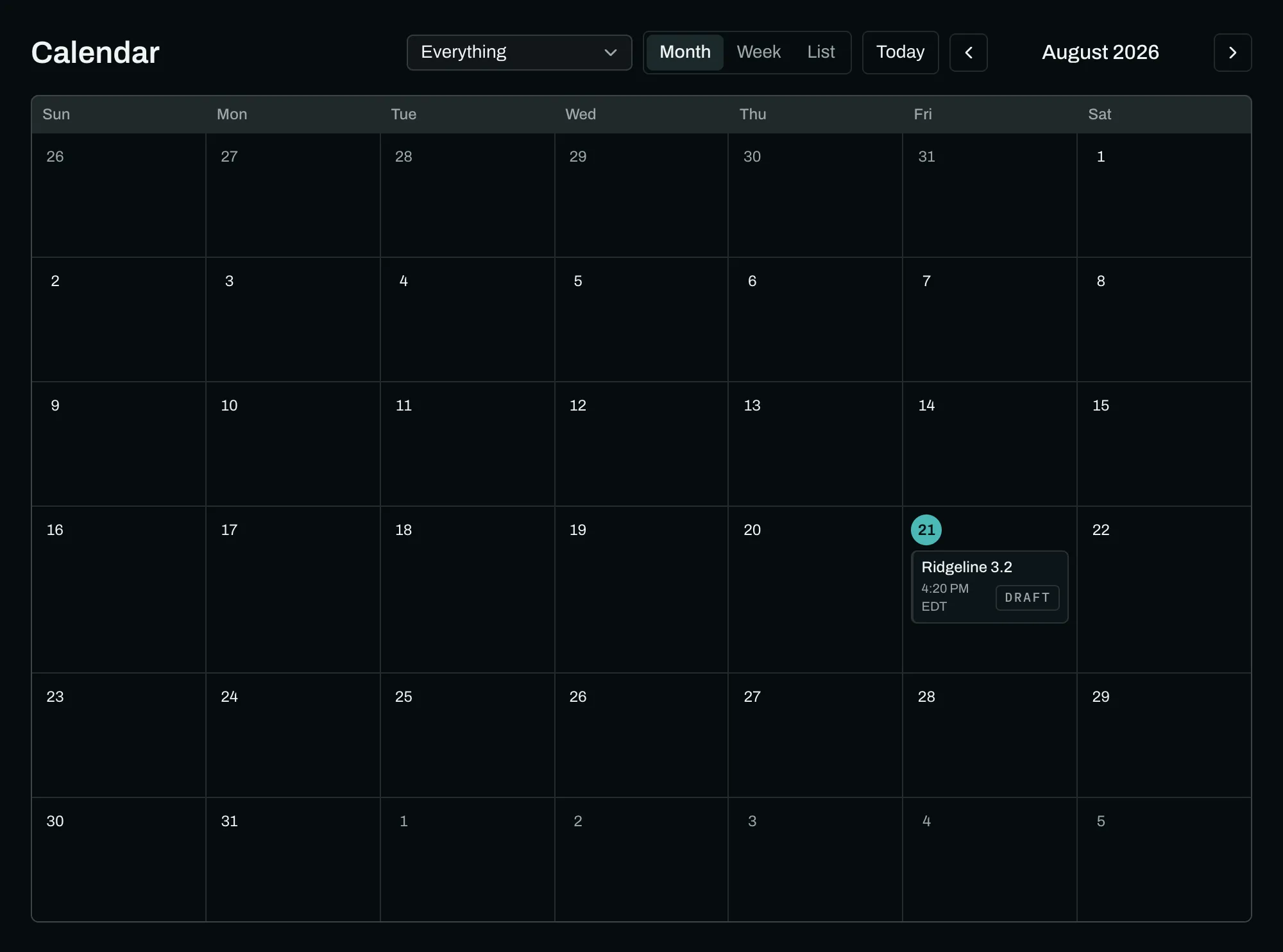 A month calendar showing teaser posts on the two days before launch, a cluster of posts across launch day itself, and follow-up posts scheduled a day and a week afterwards.