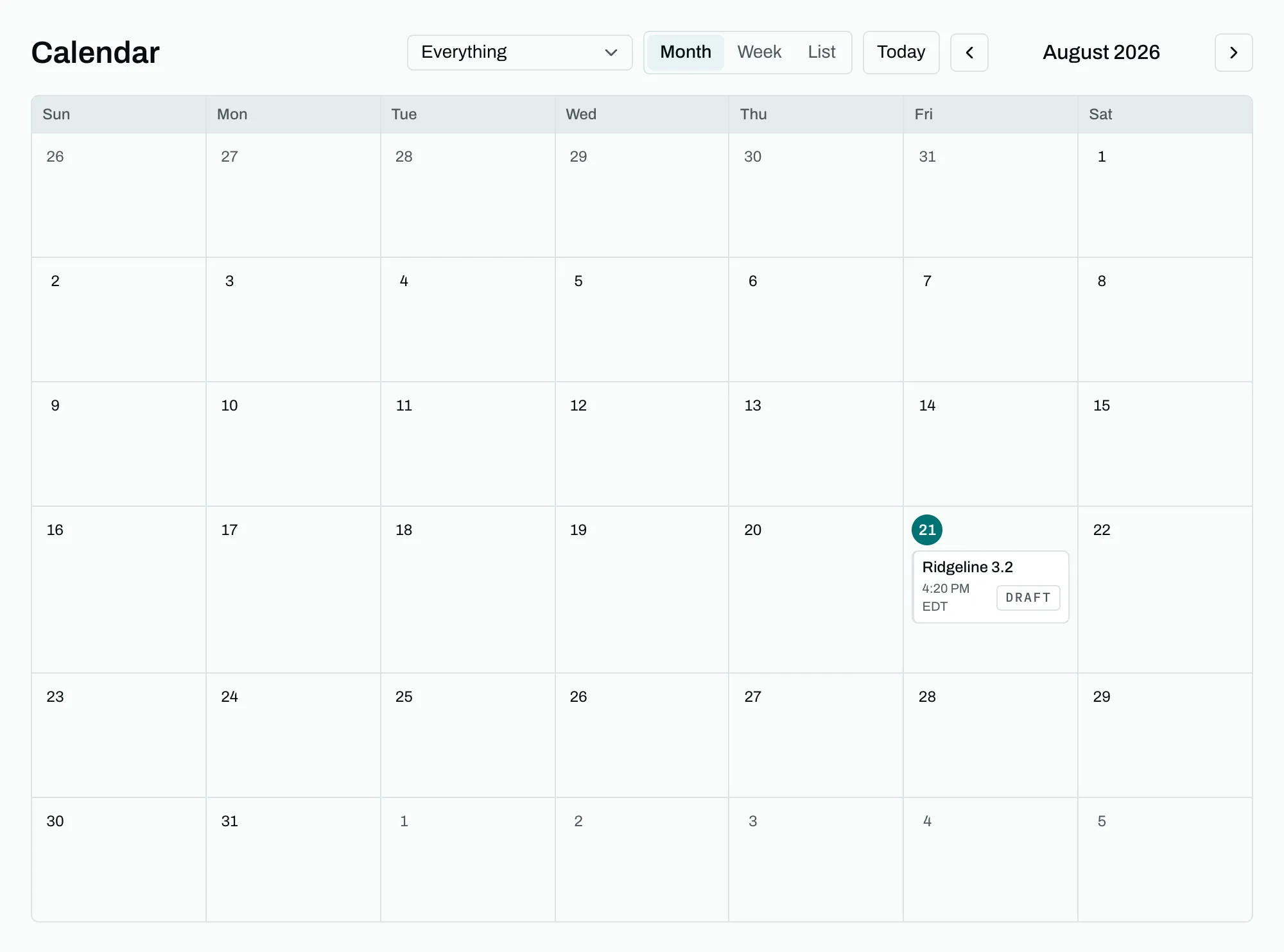 A month calendar showing teaser posts on the two days before launch, a cluster of posts across launch day itself, and follow-up posts scheduled a day and a week afterwards.
