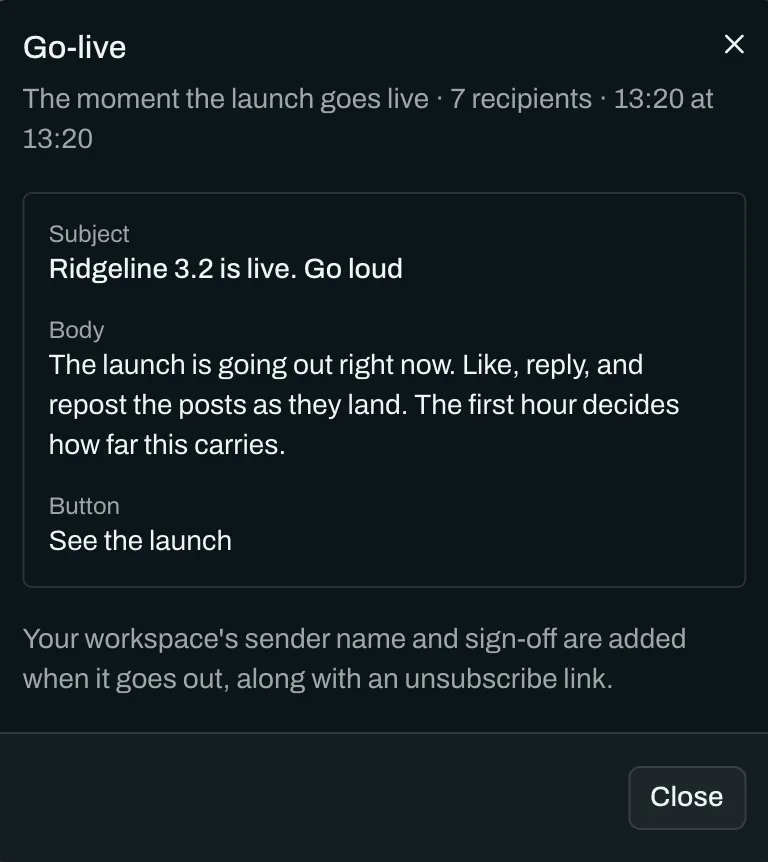 A preview of the go-live email: its subject line, the body text, the button label, who receives it and when, with a note that the workspace's sender name, sign-off and an unsubscribe link are added when it sends.