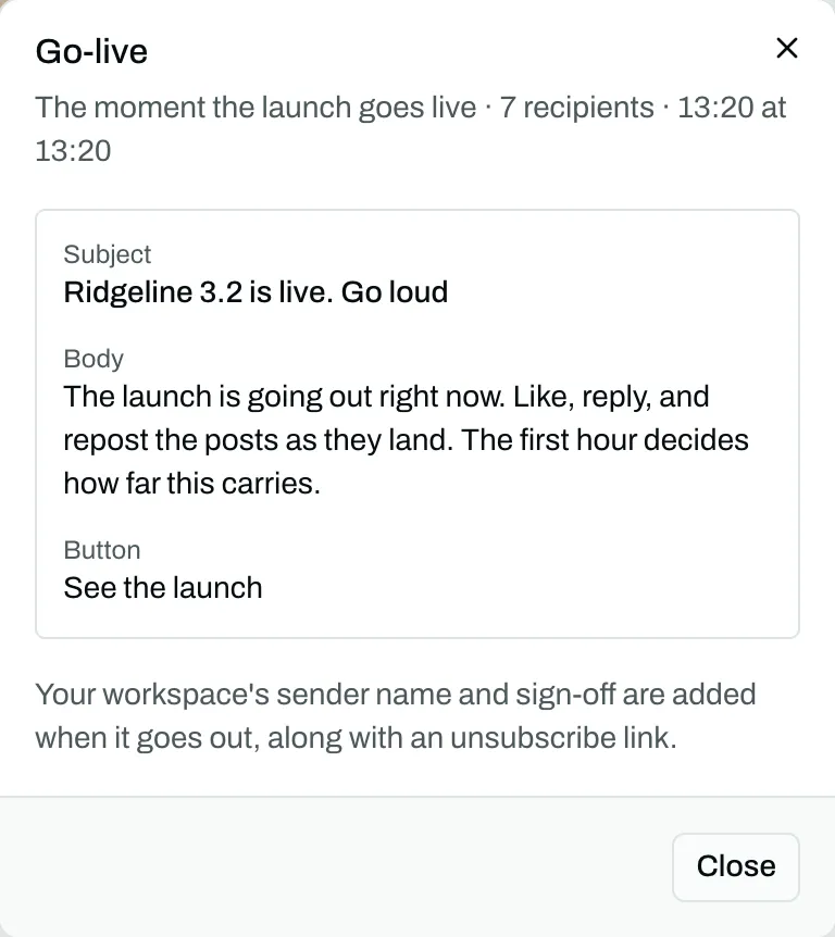 A preview of the go-live email: its subject line, the body text, the button label, who receives it and when, with a note that the workspace's sender name, sign-off and an unsubscribe link are added when it sends.